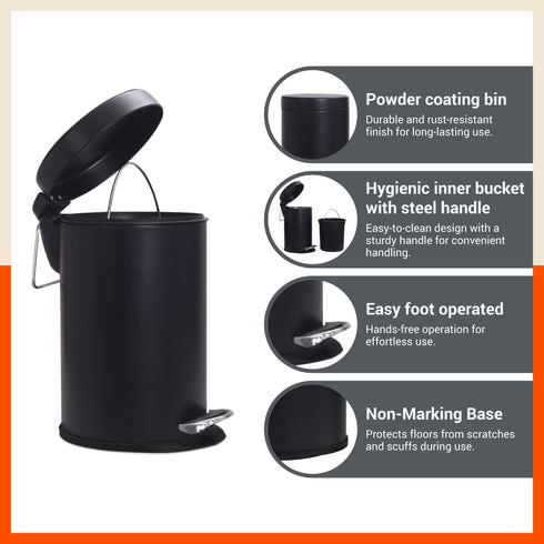 Bathla Accord Black Step Dustbin for Home, Office & Kitchen - 5 Litres | Heavy-Duty Step Bin with Foot Pedal | Durable & Hands-Free Waste Bin